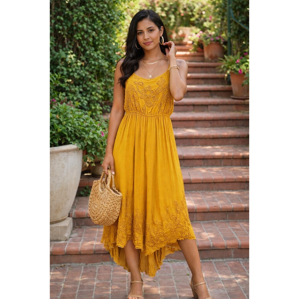 Canary Yellow Midi Dress S‎ Embroidered Textured High Low Autumn Wedding Guest